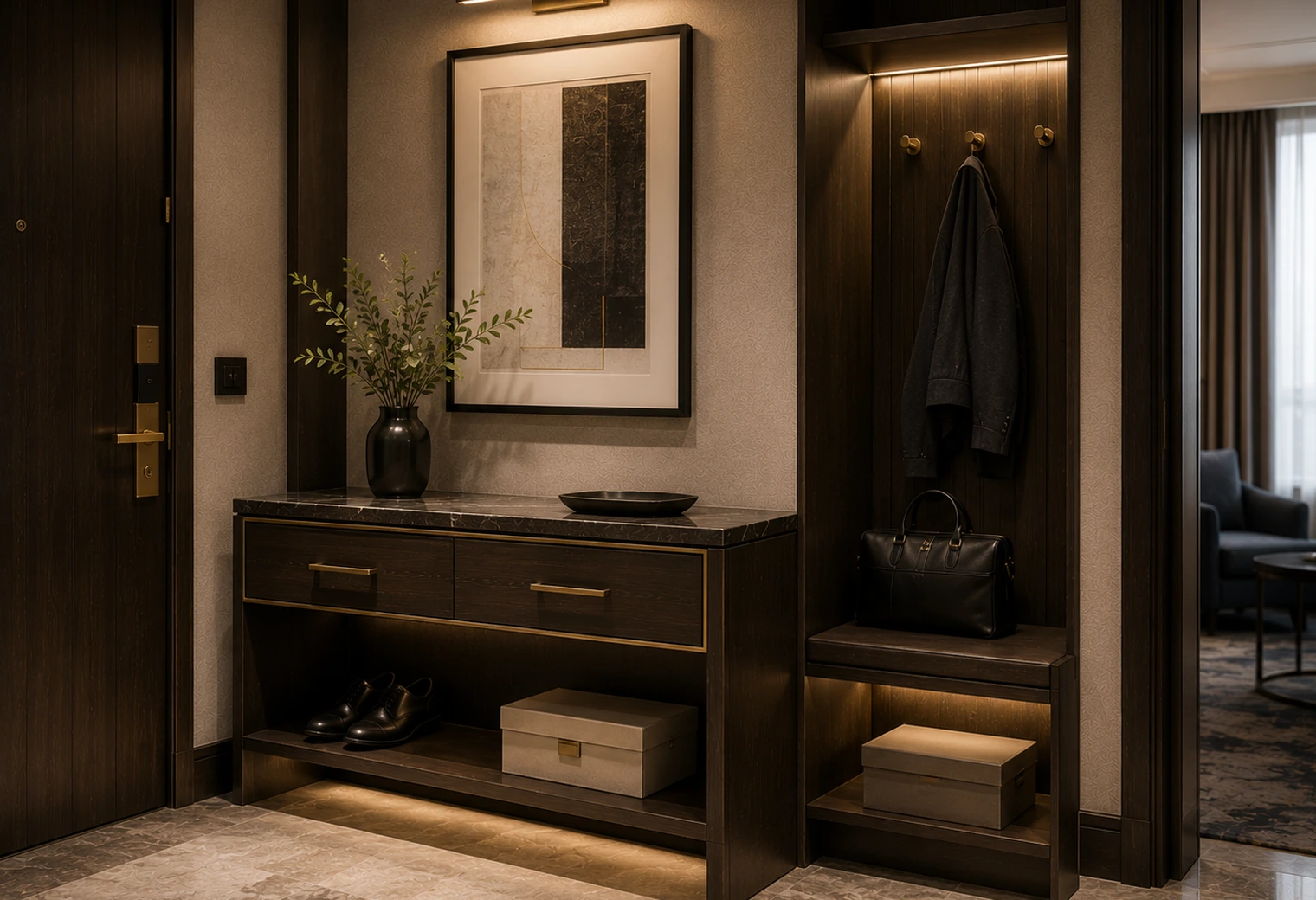 Entry Console / Drop Zone option 2 — premium hotel furniture reference image