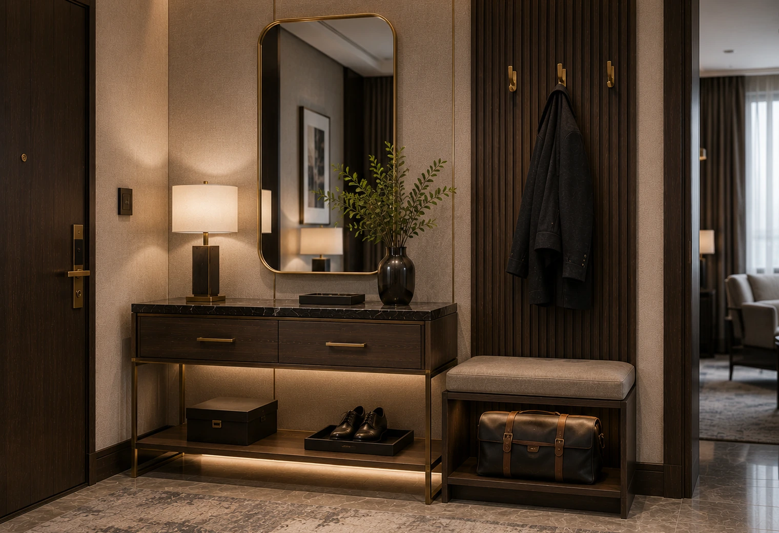 Entry Console / Drop Zone option 1 — premium hotel furniture reference image